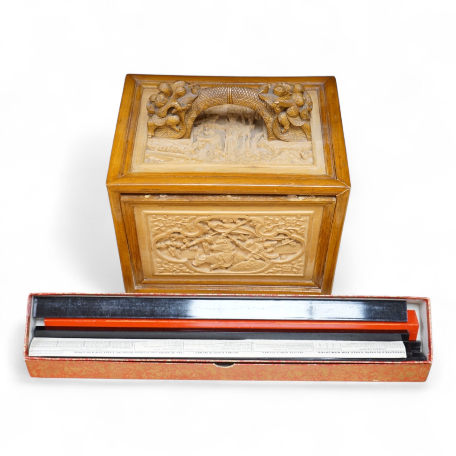 A Chinese carved boxed mahjong set and stands, box 24 cm high including handle